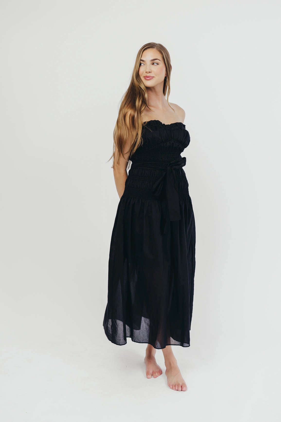 Devin Strapless Midi Dress with Sash in Black Natural Feel