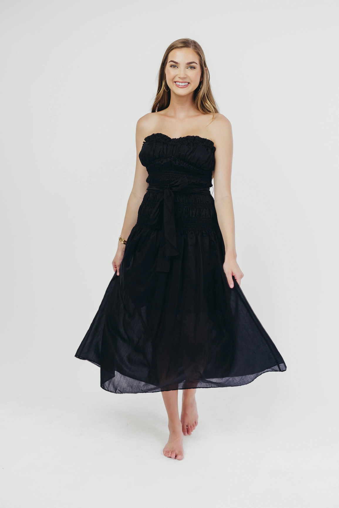 Smooth Surface Devin Strapless Midi Dress with Sash in Black