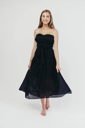 Smooth Surface Devin Strapless Midi Dress with Sash in Black