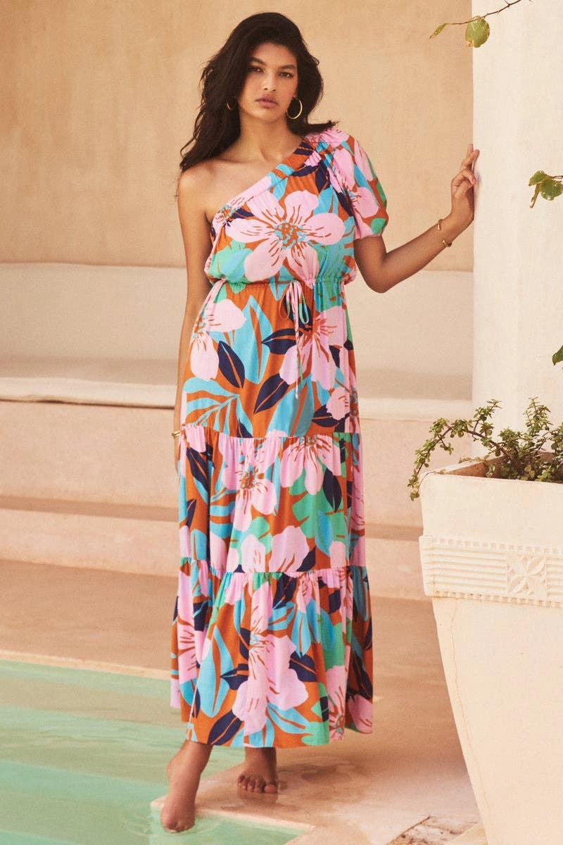 Joy Glow Flattering Silhouette DIAGONAL SHOULDER HOLIDAY FLORAL DRESS_CWDMD1828