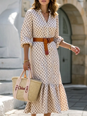Women??s Patterned Button Down Long Dress | Casual Chic Maxi Shirt Dress WideNeckOpening MultiLayer Stitching
