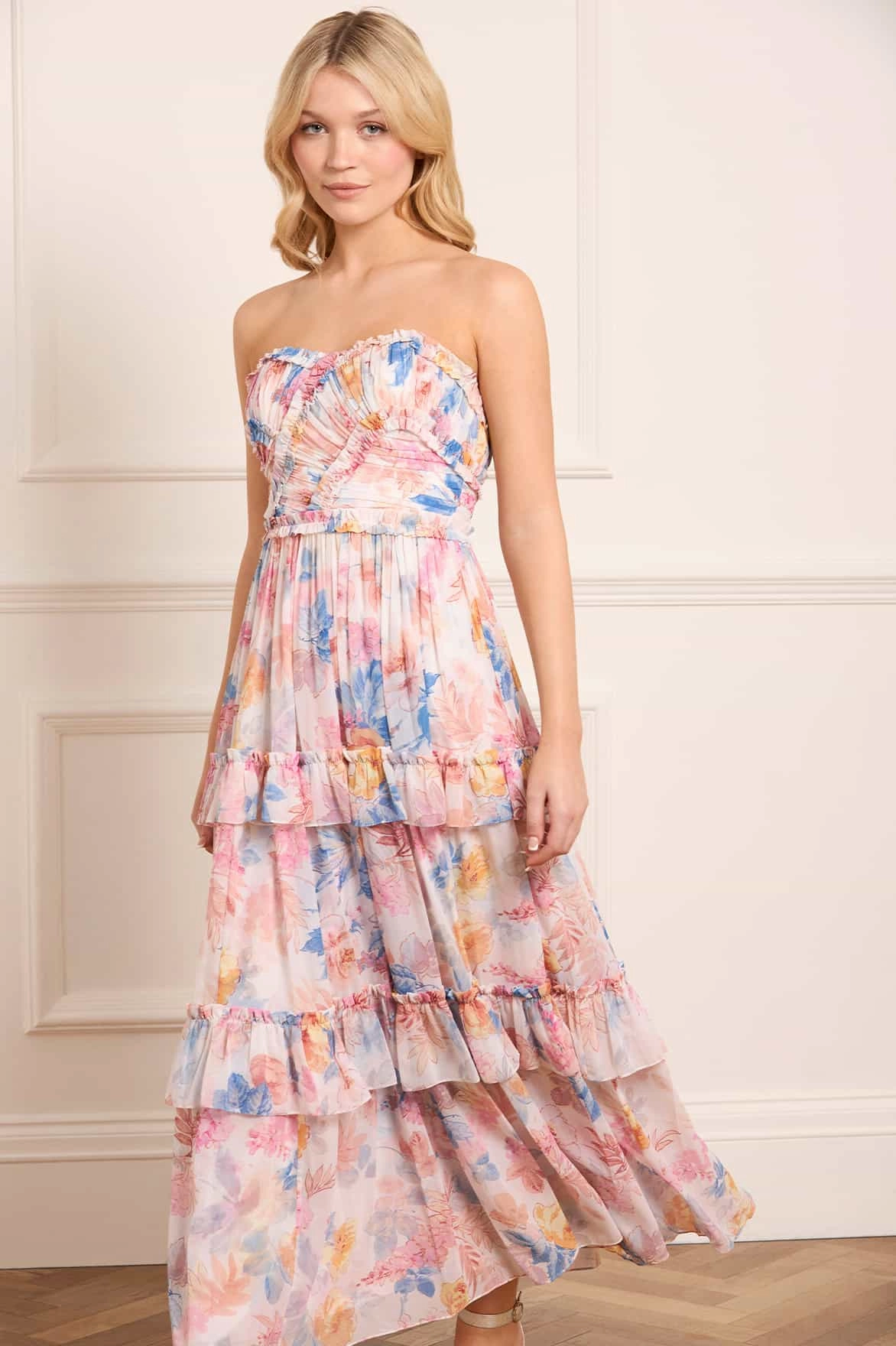 Contrast-Panel Mariannes Floral Chiffon Strapless Ankle Gown