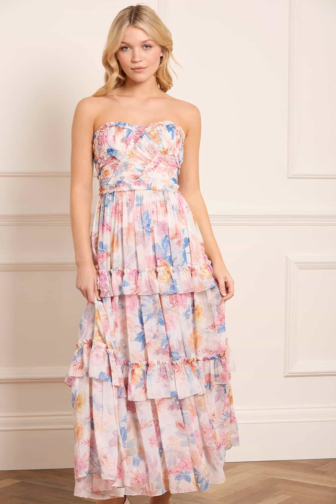 Mariannes Floral Chiffon Strapless Ankle Gown Soft touch evening dress Fresh Tones