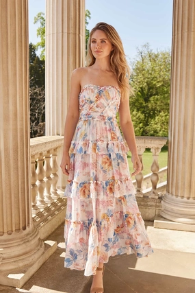 Mariannes Floral Chiffon Strapless Ankle Gown Calm Tone All-day Comfort