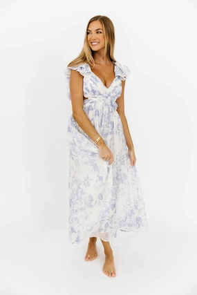 Chic Style High low hem Jillian Floral Midi Dress in Blue *Final-Sale*