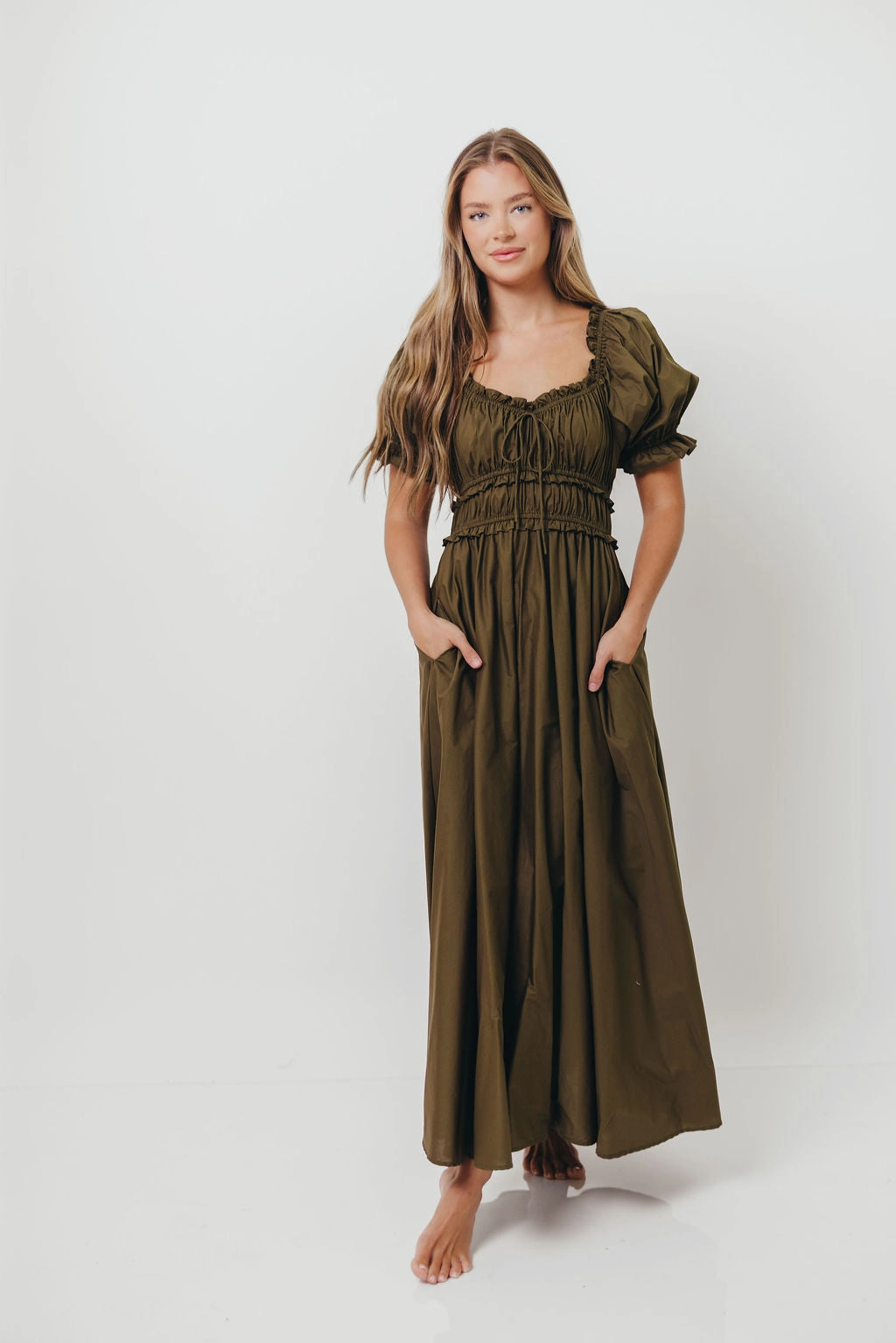 Sydnee Cotton Maxi Dress in Dusty Olive - Bump Friendly Classic Line Velvet-Sleeve