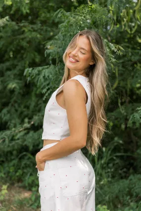 Dolly 100% Cotton Mini Bow Print Twill Vest in Off-White *Final-Sale* Contrast Stitching