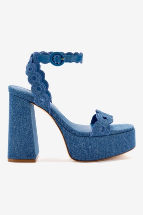 Pond Walk Shock Guard Dolly Broderie Sandal In Blue Stoned Denim