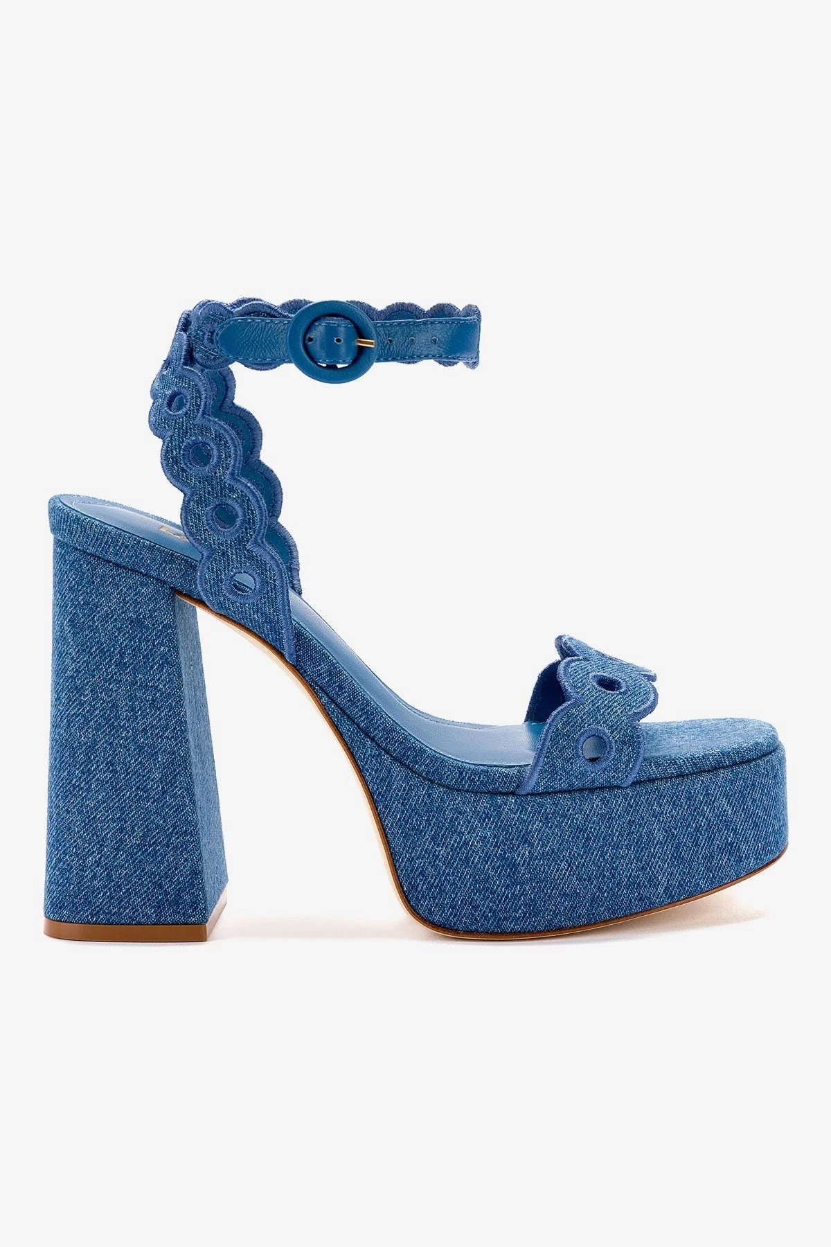 Dolly Broderie Sandal In Blue Stoned Denim Secure fit Stage Pop