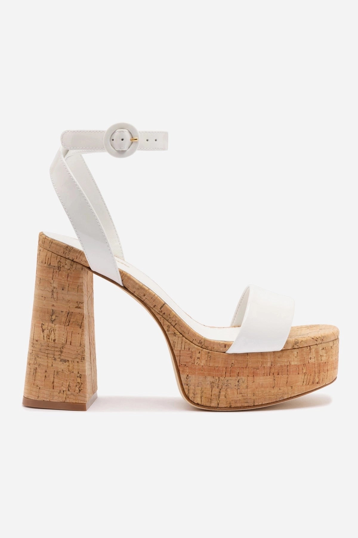 Craftsmanship City Run Dolly Sandal In White Patent Leather and Natural Cork