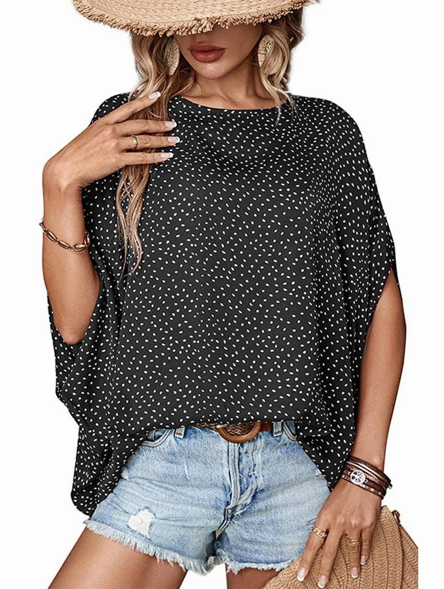 NeutralPalette TaglessDesign DOLMAN SLEEVE POLKA DOT CHIFFON BLOUSE
