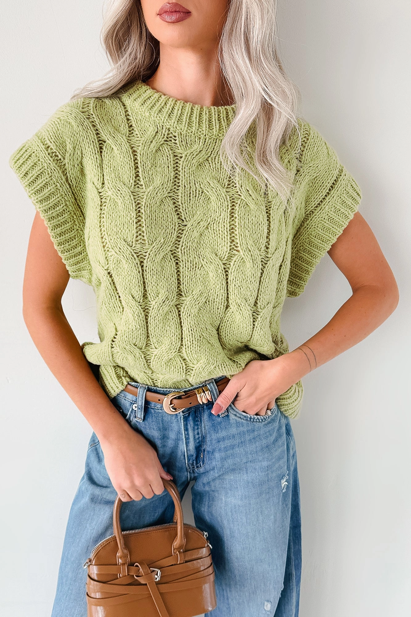 Sustainable Textile Garment Dyed Finish Don't Envy Me Cable Knit Sweater Vest (Fern)