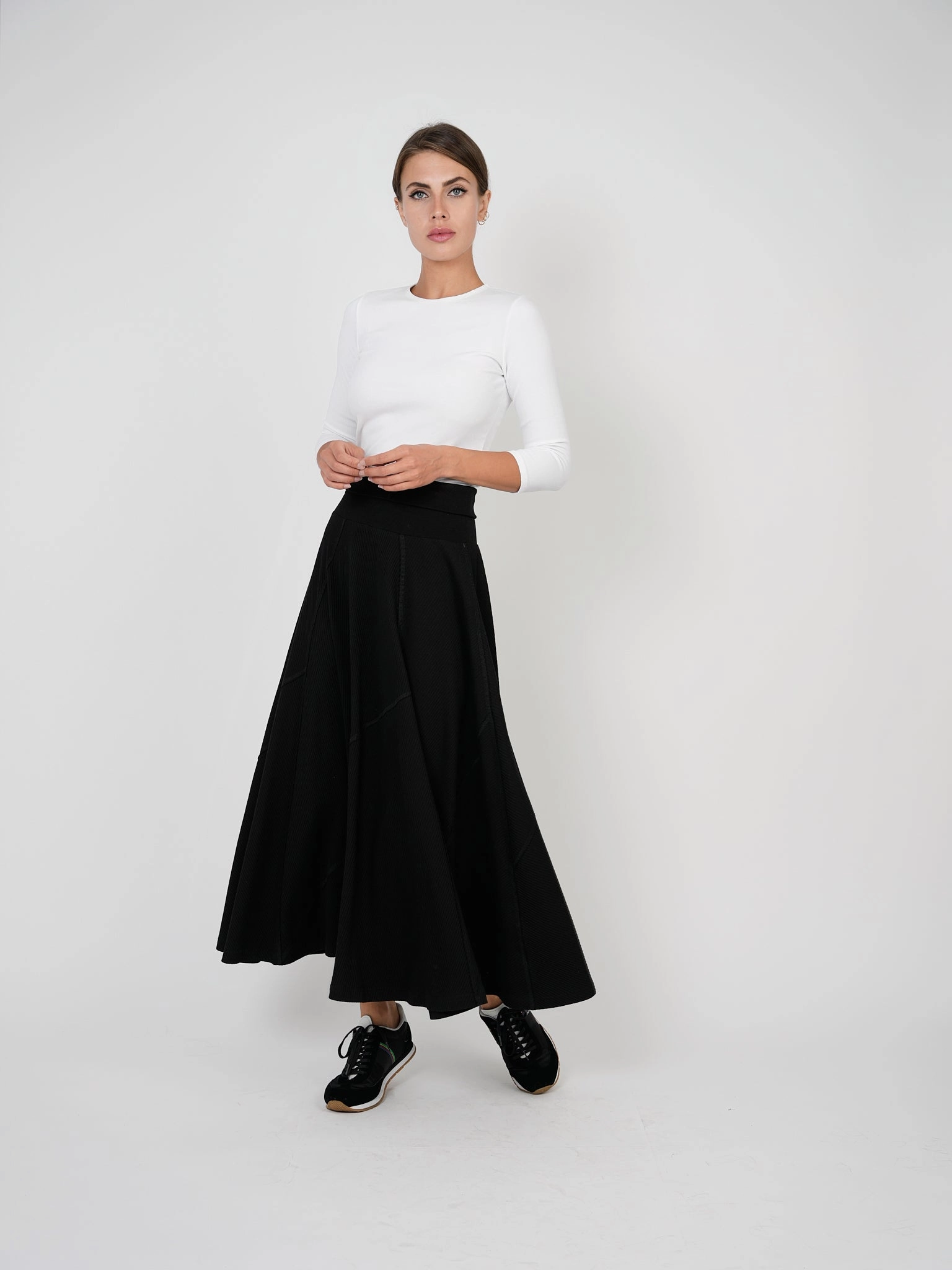 Dot Blk Maxi Ribbed Circle Skirt with stitching SB2CM7770SL Handmade Item