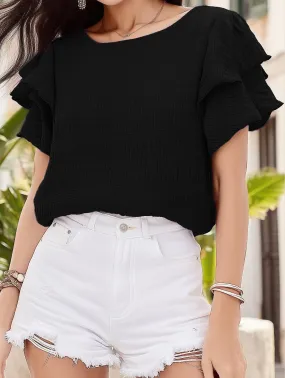 Temperature Regulating Fabric Double-Layered Ruffle Sleeve T-Shirt ??Elegant Crewneck Blouse