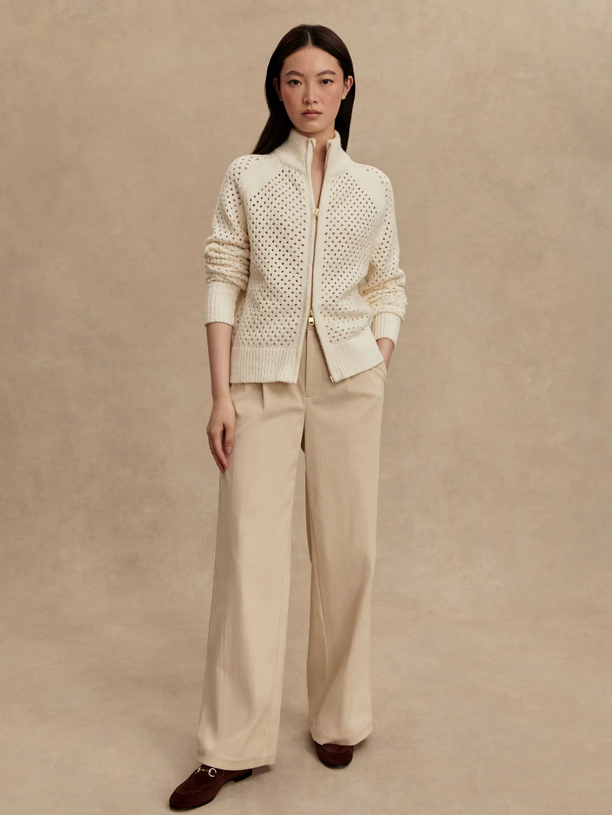 Varley Mandy Boucl?? Knit Jacket in Coconut Milk FrictionReducing Anti Odor Treatment