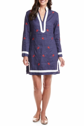 Breathable Construction Layered Hemline Tunic Dress Navy Linen with Lobster