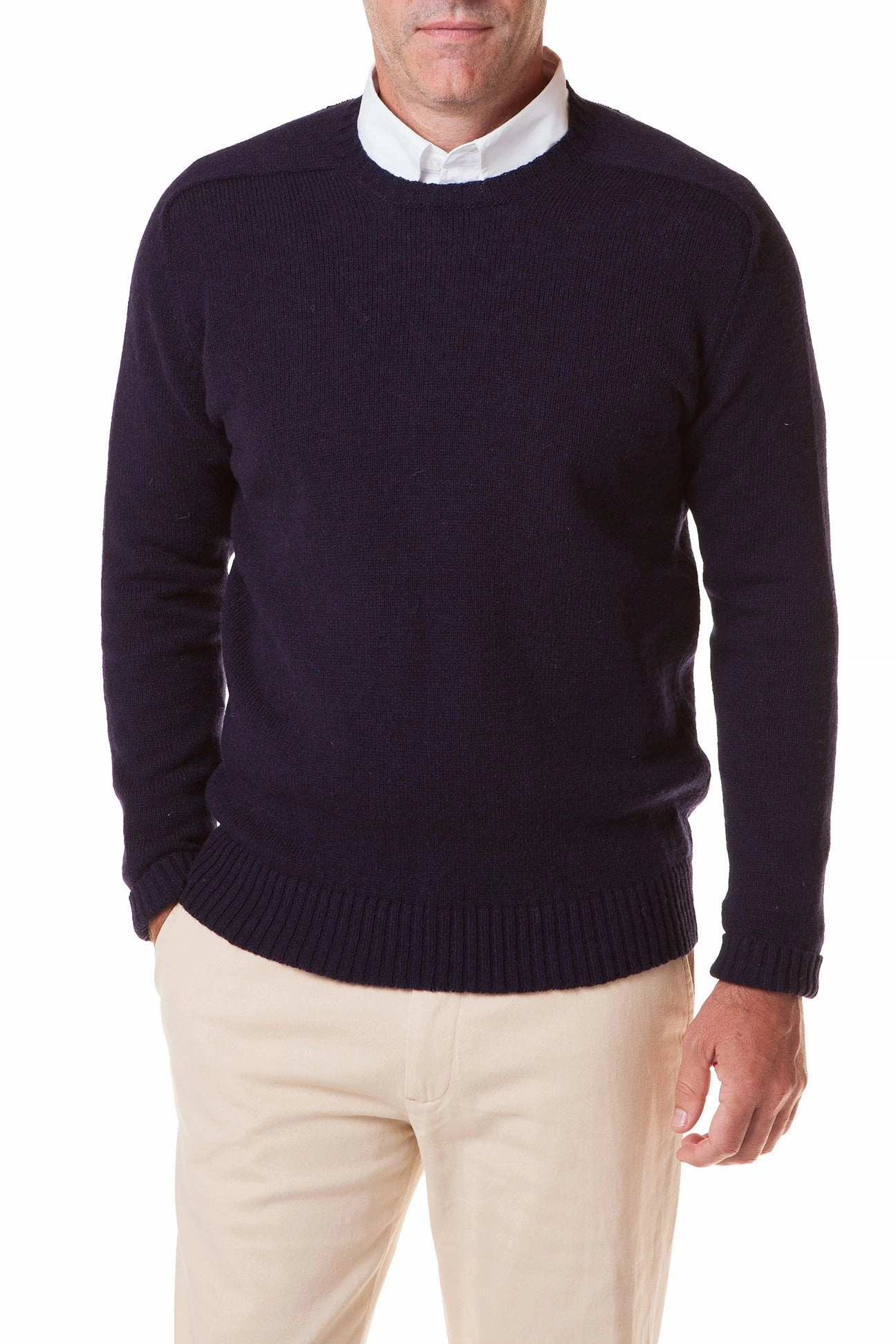 Scottish Shetland Crew Neck Sweater Dark Navy Double Layered Hem Reinforcement Reflective Logo Detail