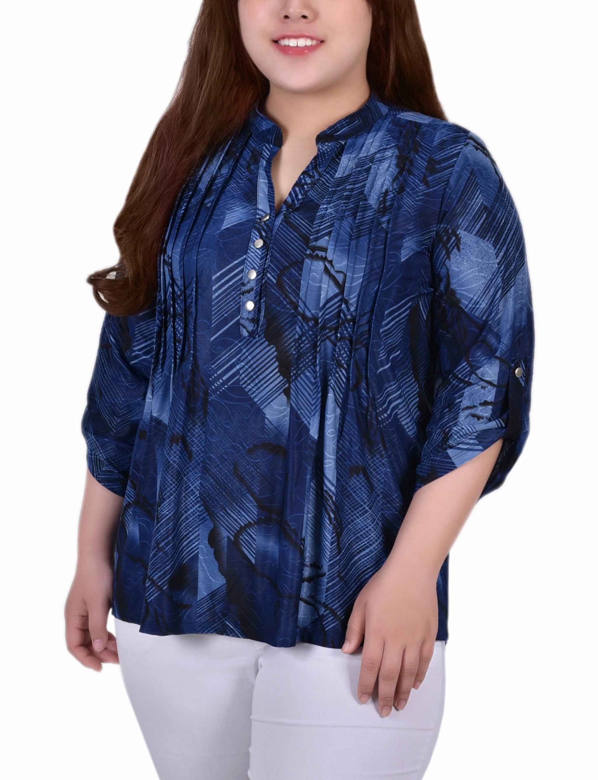 Soft Wool Plus Size 3/4 Roll Tab Sleeve Y Neck Top