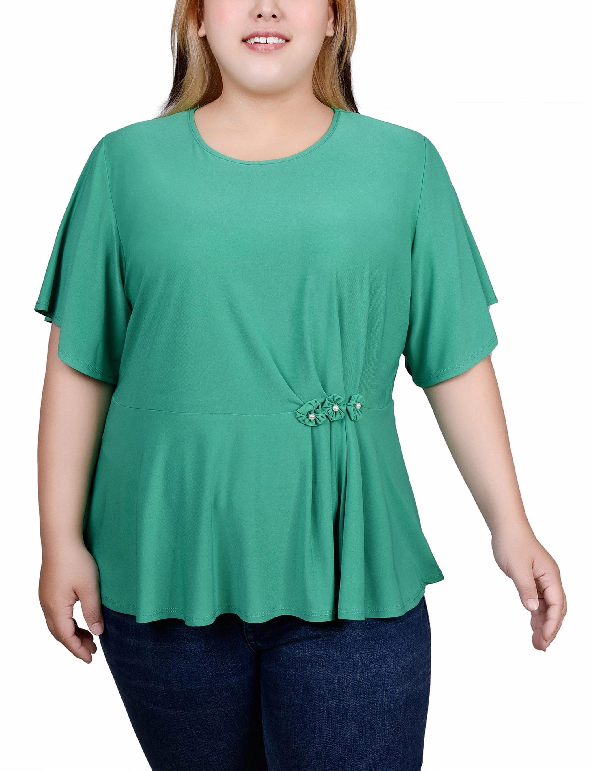 Tear Resistant SunProtective Plus Size Flutter Sleeve Flower-Detail Top