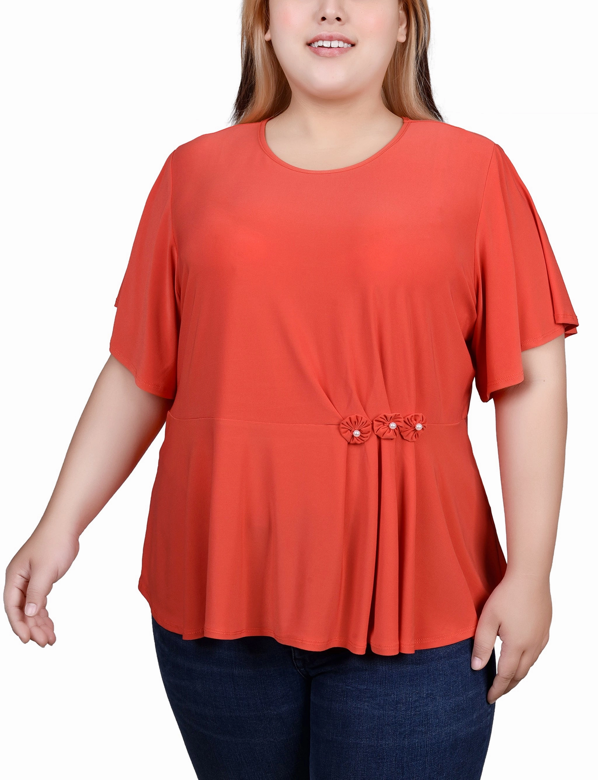 QuickDryTechnology LightweightTexture Plus Size Flutter Sleeve Flower-Detail Top