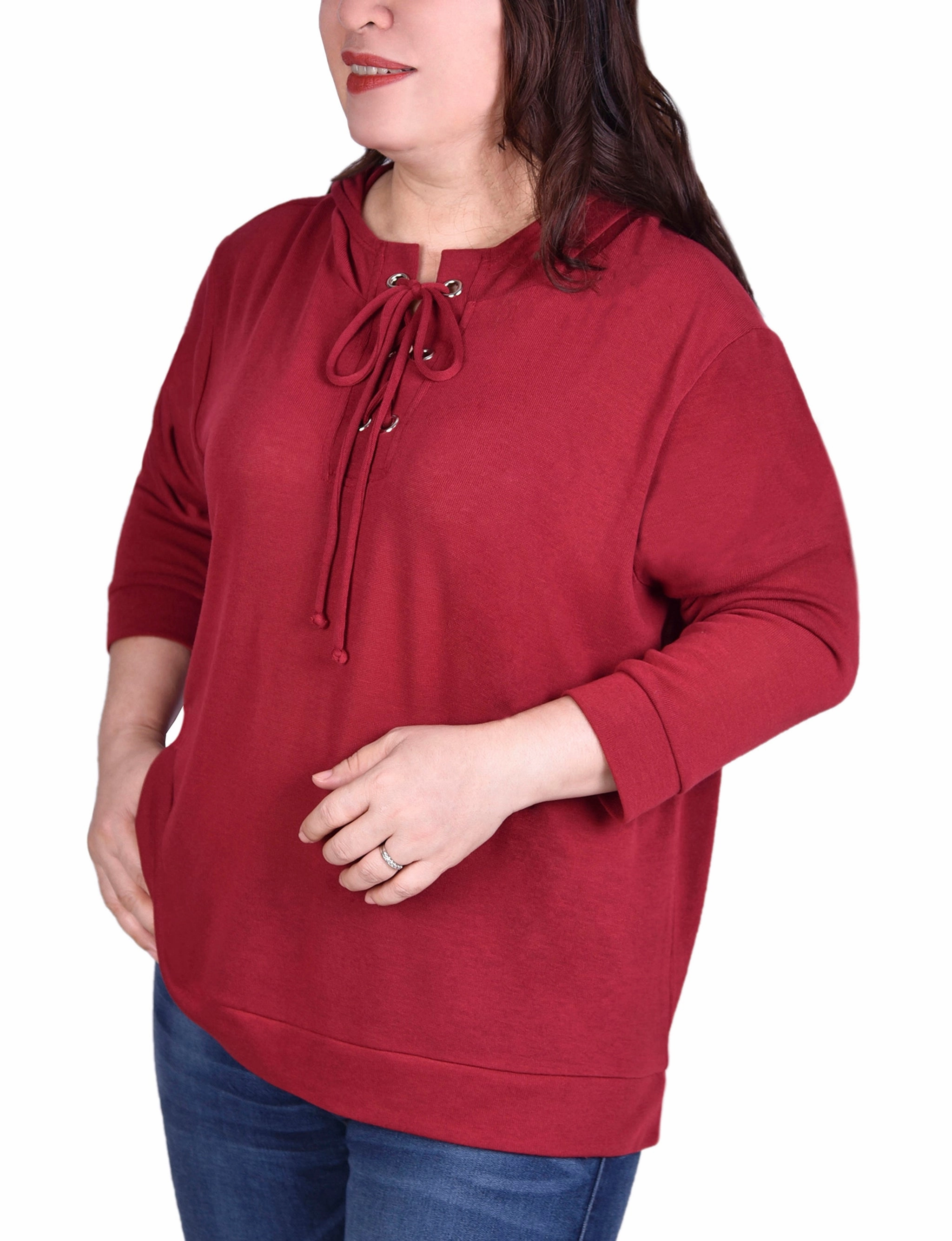 Plus Size Long Sleeve Hoodie Top With Laced Yoke Rolled Hem Detailing Anti Microbial Lining