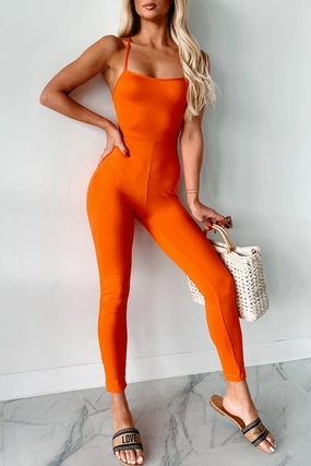 Comfortable Layer SeamlessConstruction Time To Walk Away Lace-Up Back Jumpsuit (Orange)