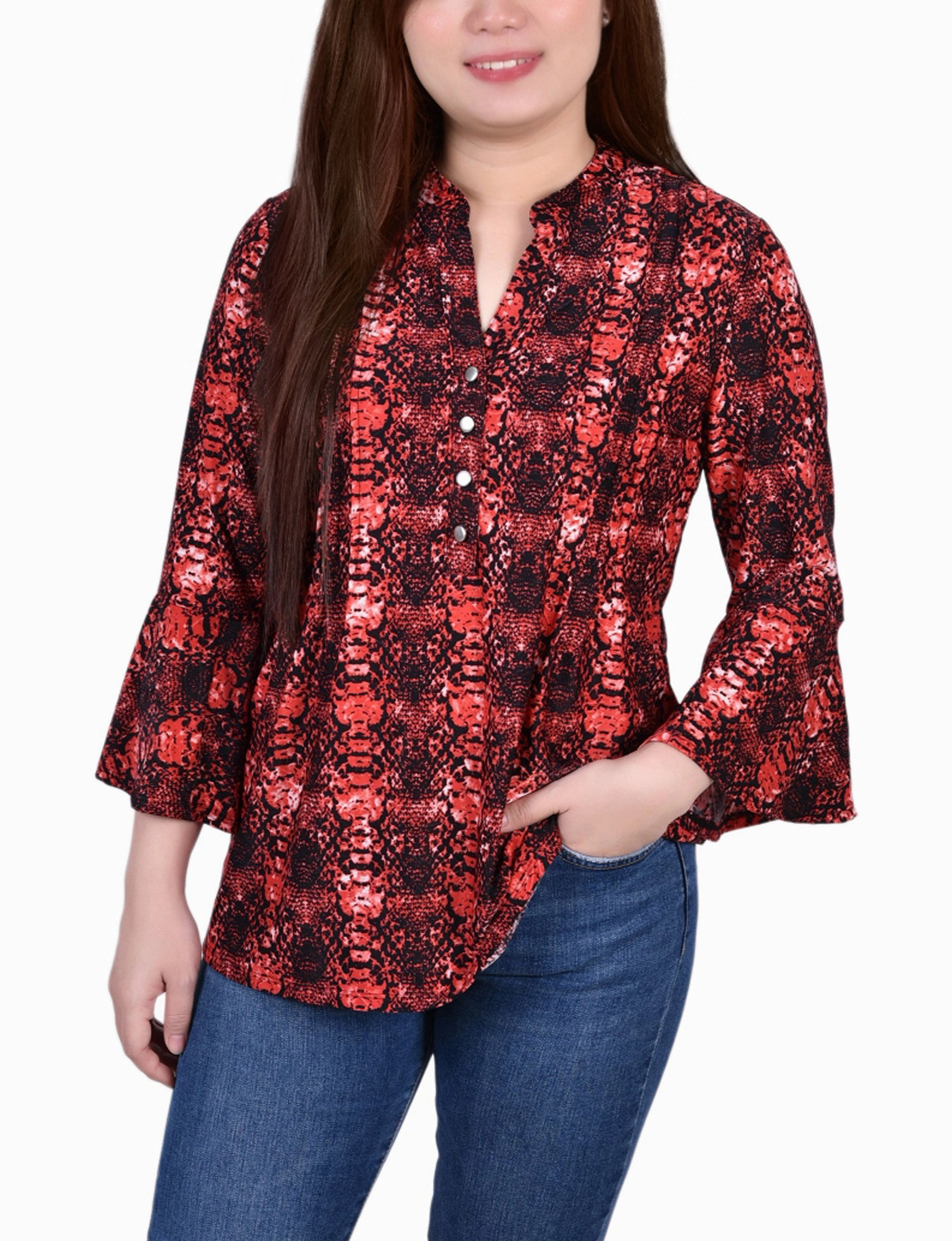 Sustainable Production Methods Office Wear Petite 3/4 Bell Sleeve Pleat Front Y Neck Top