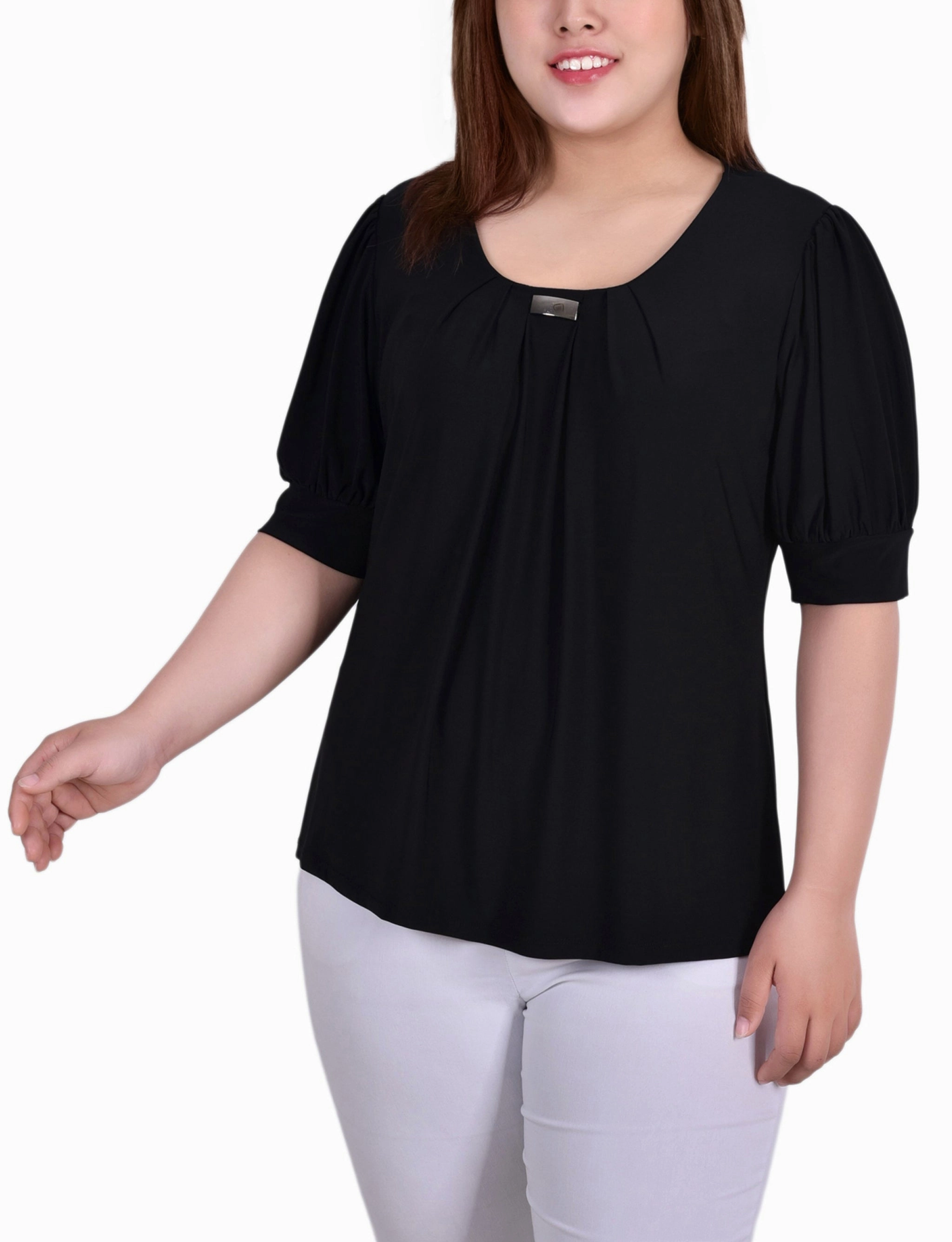 Plus Size Short Sleeve Balloon Sleeve Top With Hardware Reinforced Shoulder Seams
