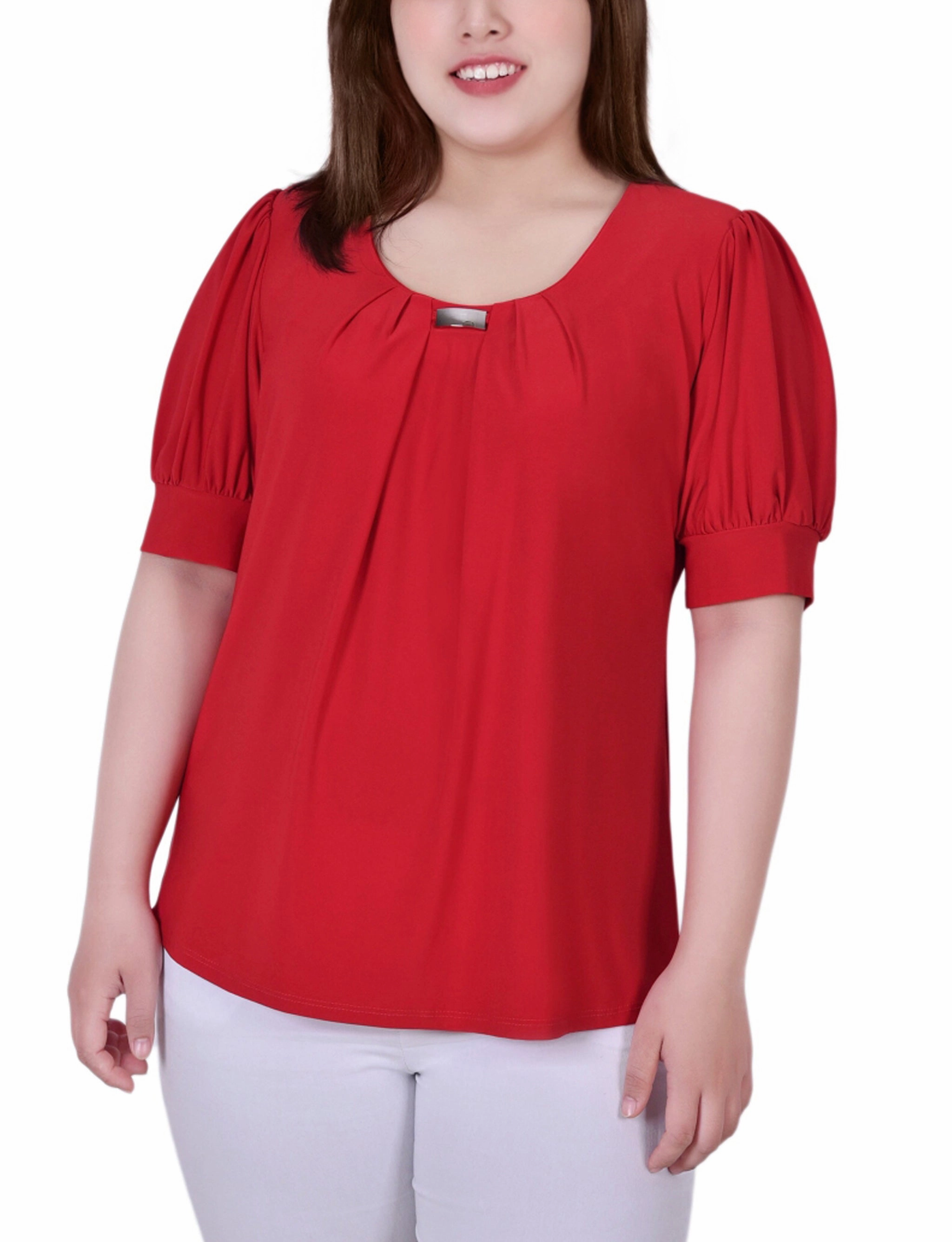 Breathable fabric FlexibleRibbedTrims Plus Size Short Sleeve Balloon Sleeve Top With Hardware