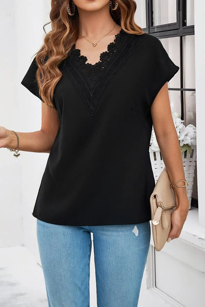 DoubleStitched Hem Recycled Polyester Material CASUAL SOLID COLOR V NECK SHORT SLEEVE SHIRT_CWTSTS0330