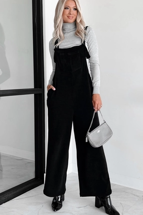 PunctureResistantReinforcement Cozy Wear Playful Impression Soft Corduroy Overall Jumpsuit (Black)