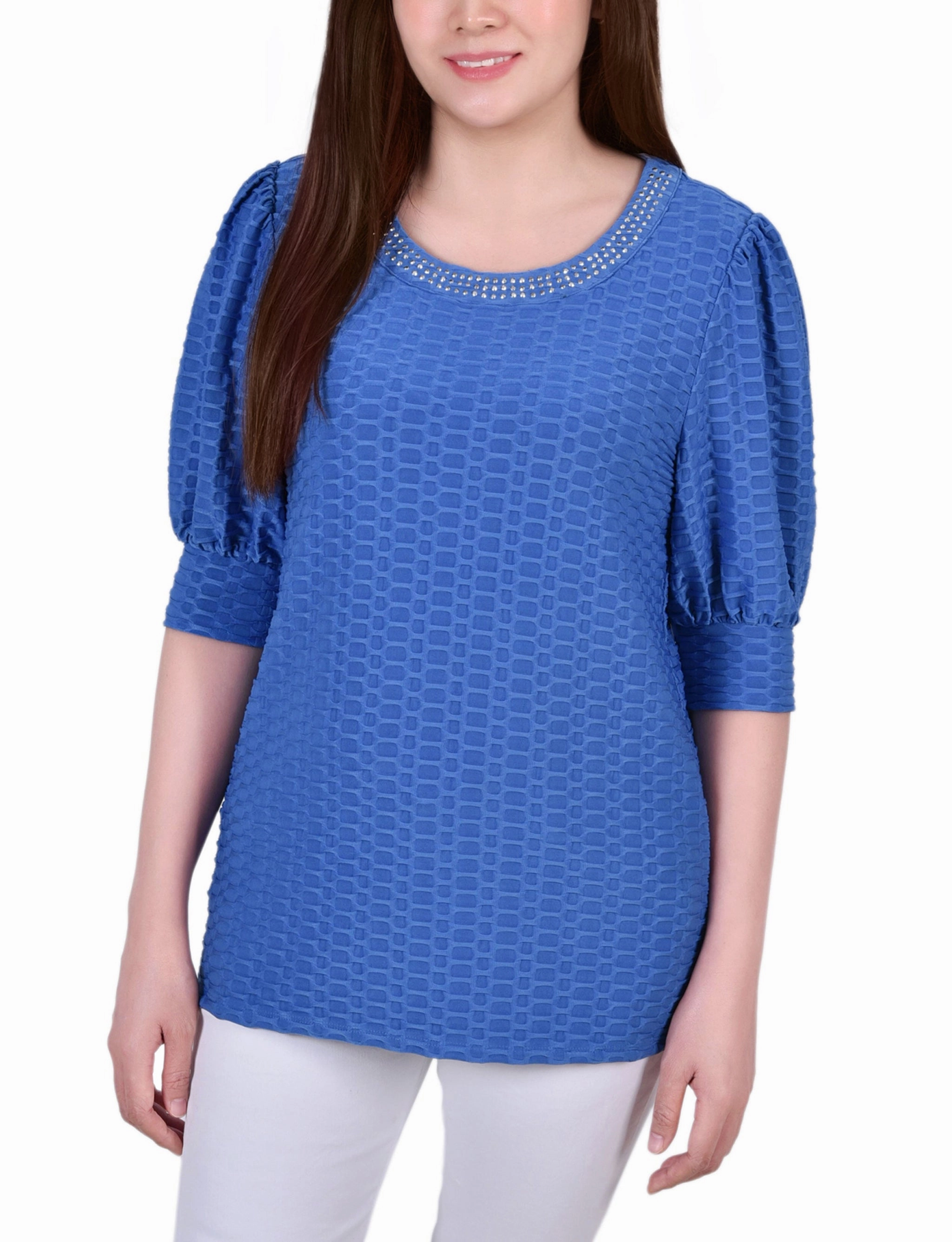 Petite Short Puff Sleeve Honeycomb Top Reinforced Stress Points
