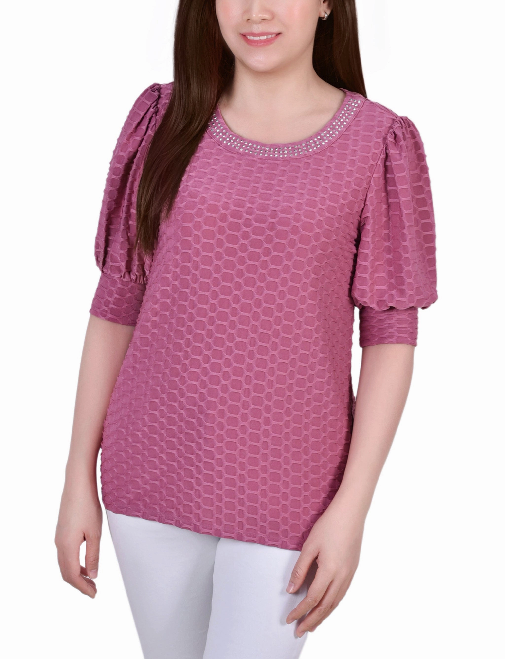 Petite Short Puff Sleeve Honeycomb Top Layered Panel Design Ribbed Hem Finish