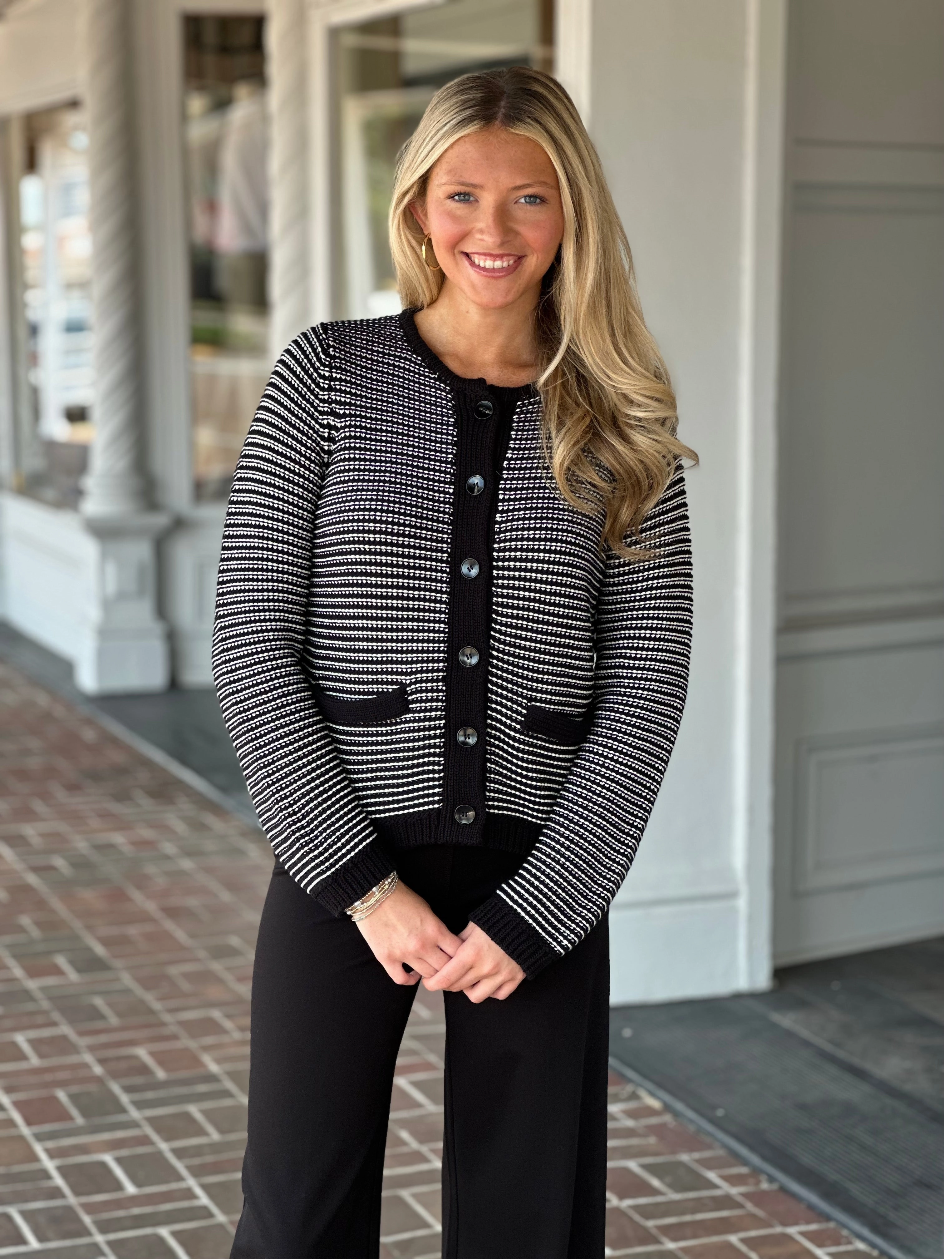 SeamlessSidePanels SunProtective Michael Stars Kaden Crewneck Cardigan in Black/Ivory