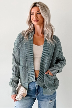 RecycledPolyesterBlend Non Closure Collar Dream Wear Zenana Washed Knit Cardigan (Ash Jade)