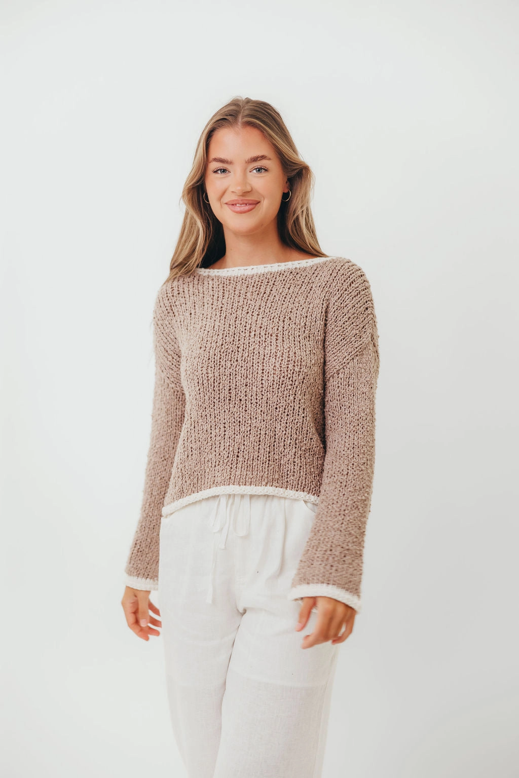 Dreamscape Sweater in Mocha Ivory Weighted Hem Design Quick Dry Blend
