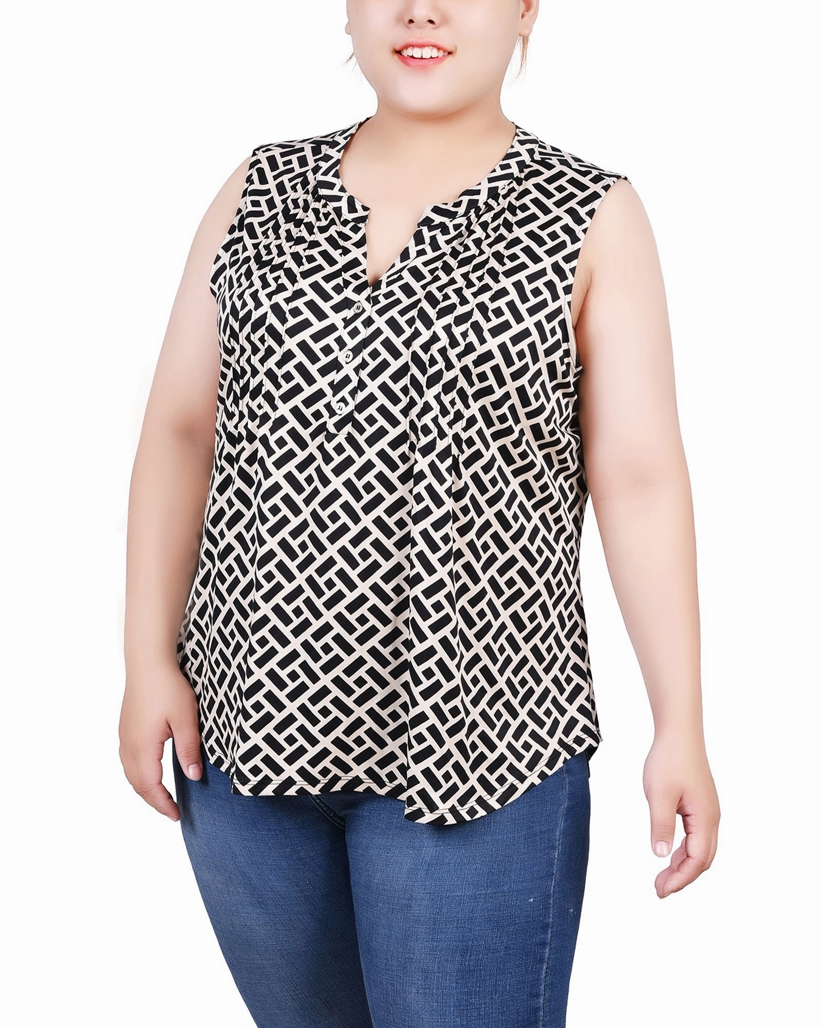 Plus Size Sleeveless Knit Y Neck Top Ribbed Trim Details ContrastStitching