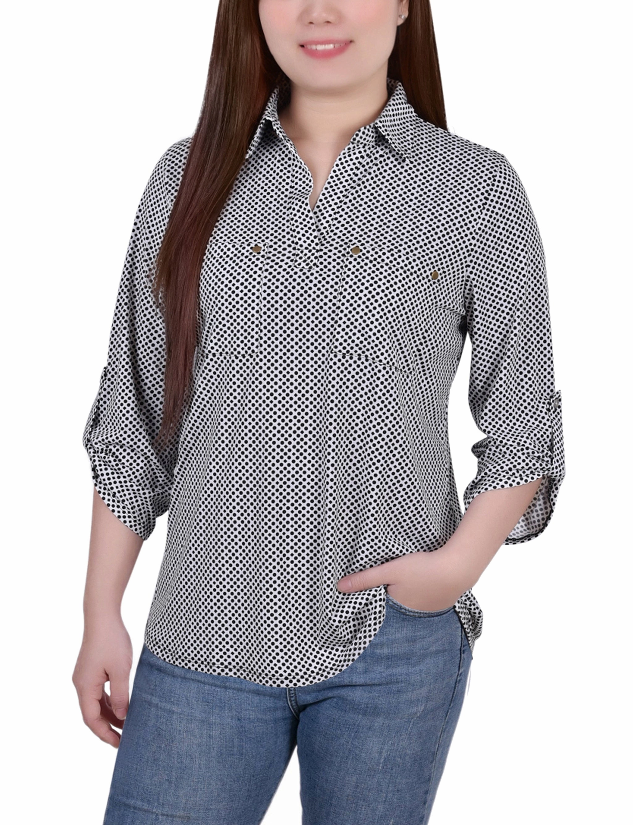 Petite 3/4 Roll Tab Sleeve Studded Y Neck Top UV Protection Enhanced Bound Seam Edges