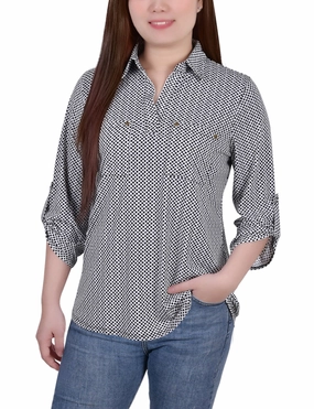 Petite 3/4 Roll Tab Sleeve Studded Y Neck Top UV Protection Enhanced Bound Seam Edges