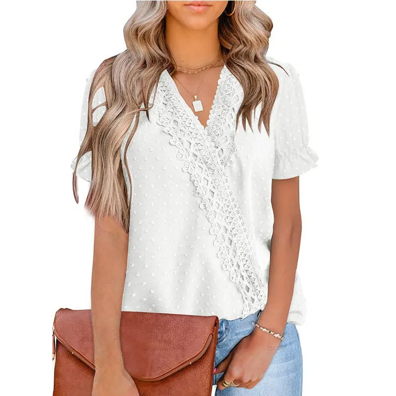 CHIFFON HAIRBALL LACE V-NECK SHIRT_CWTBLS0757 Shape Retention Fabric