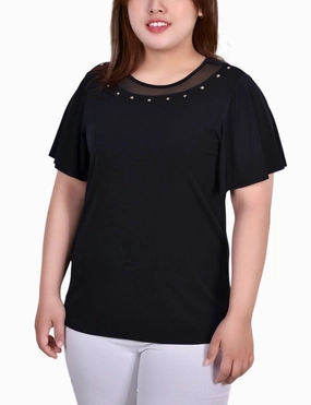 NoRoll Hem Technology Plus Size Short Sleeve Knit Top With Sheer Inset