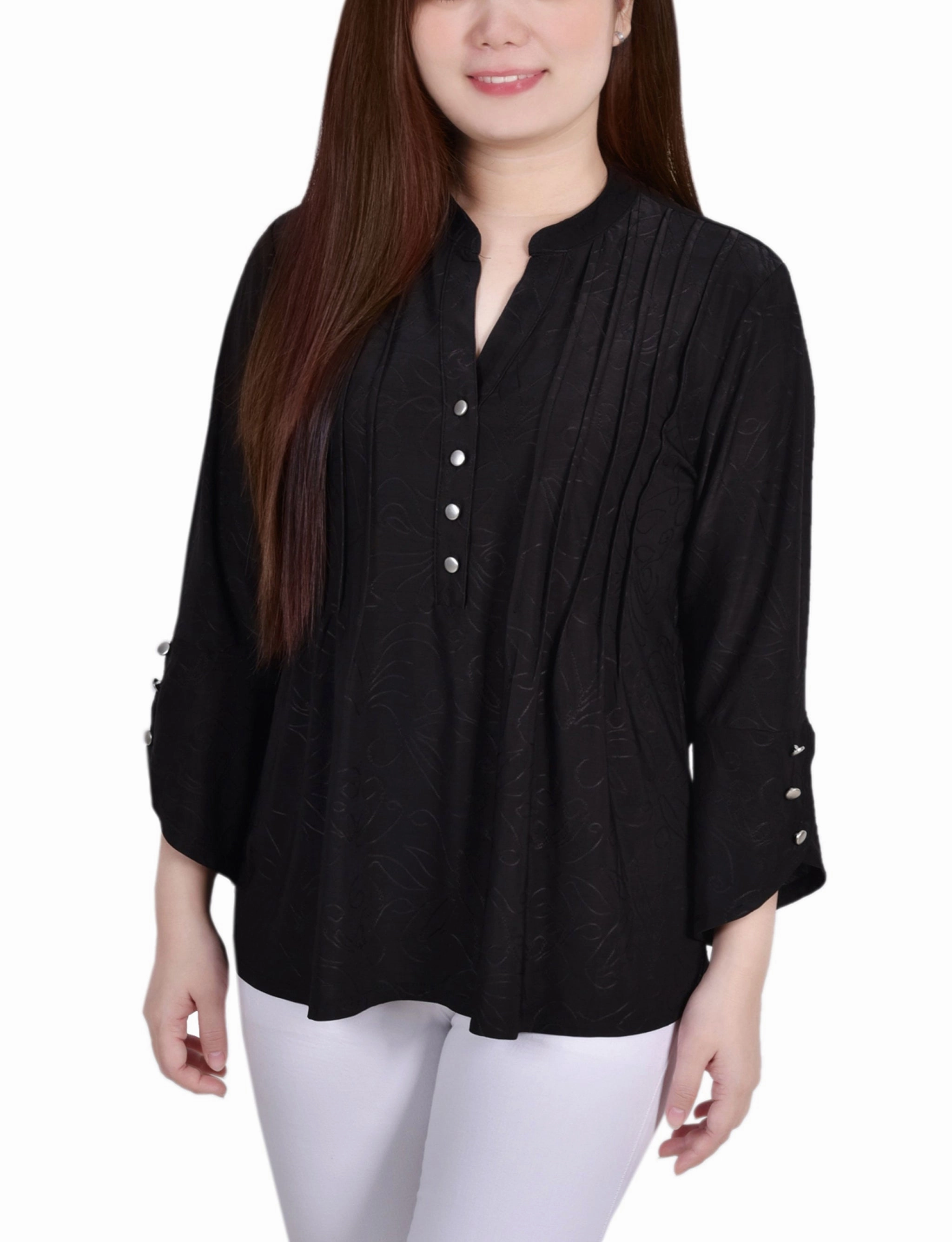 Non Irritating Seam Finish Petite 3/4 Sleeve Overlapped Bell Sleeve Y Neck Top