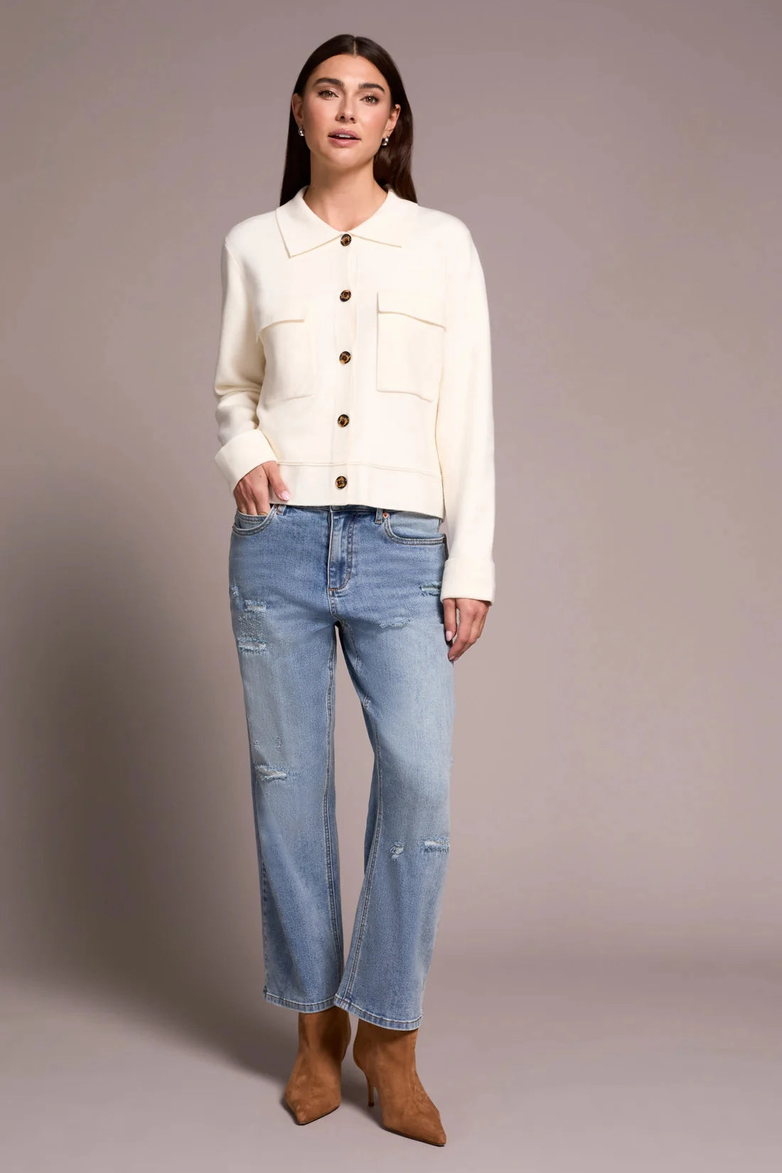 NonIrritating Seams Tribal Double Knit Collared Sweater Cardigan in Moonstone