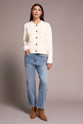 NonIrritating Seams Tribal Double Knit Collared Sweater Cardigan in Moonstone