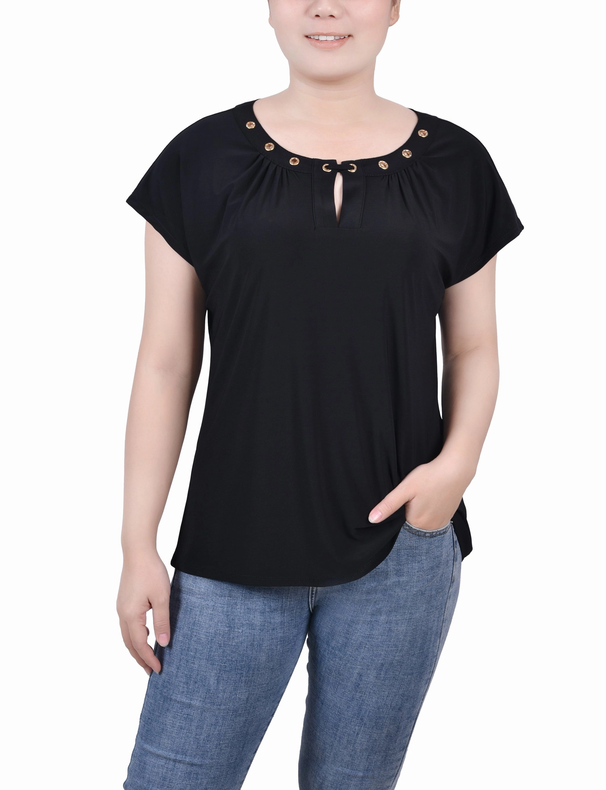 Short Extended-Sleeve Grommet Neck Knit Top Tapered Side Panels