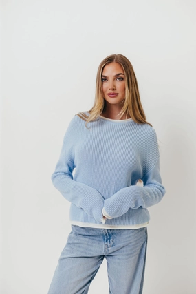 Ronnie Contrast Knit Sweater in Sky/White LayeringFriendly Weight Contoured Armhole Design