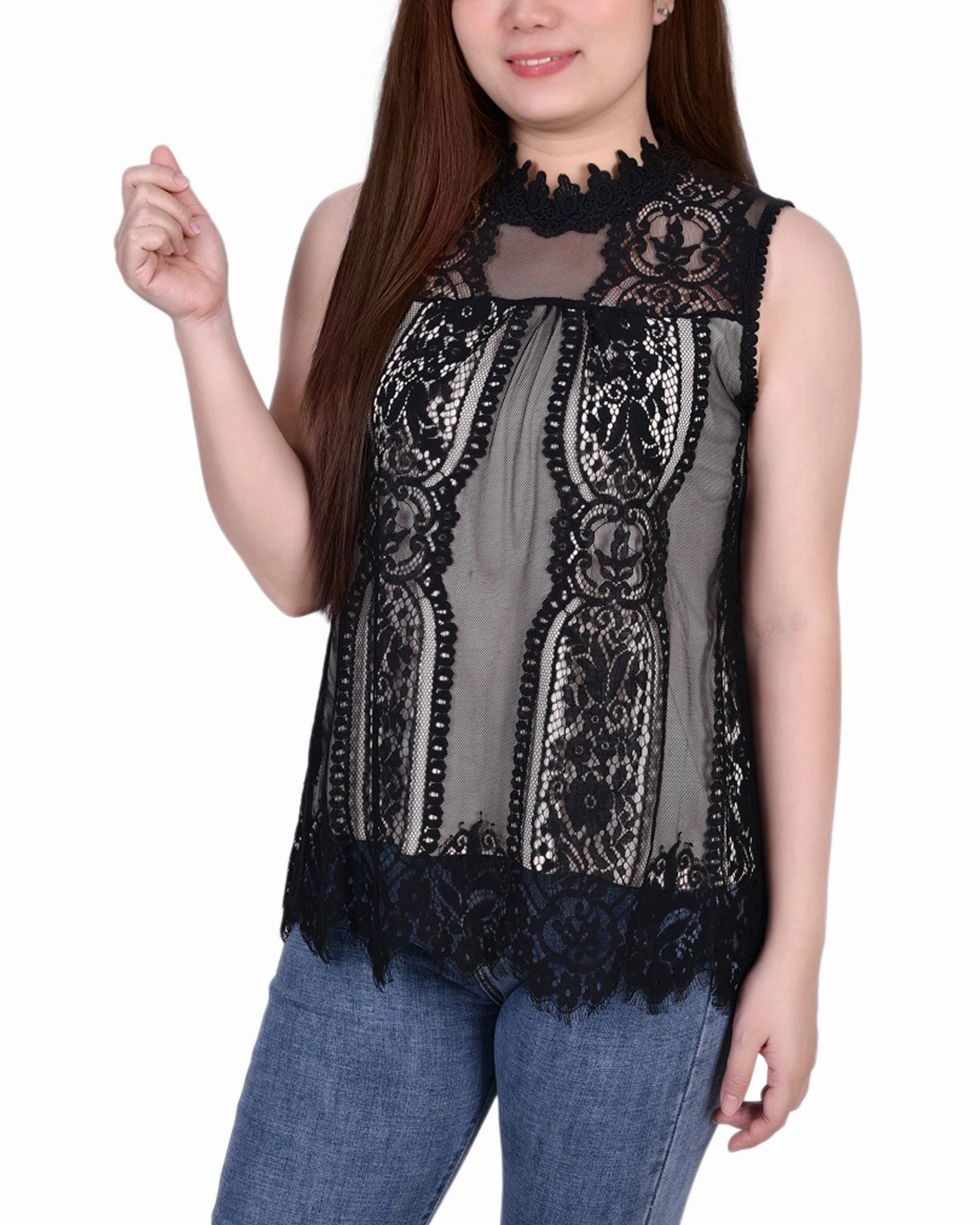 Sleeveless Mock Neck Lace Top VNeckReinforcement FrictionResistant Fabric