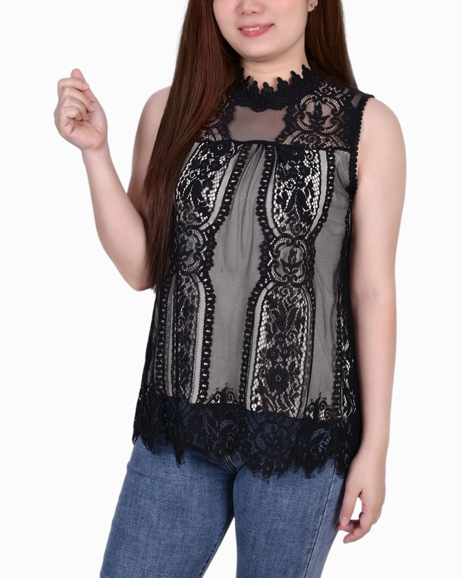 Sleeveless Mock Neck Lace Top Abrasion Resistant Surface YarnBlend
