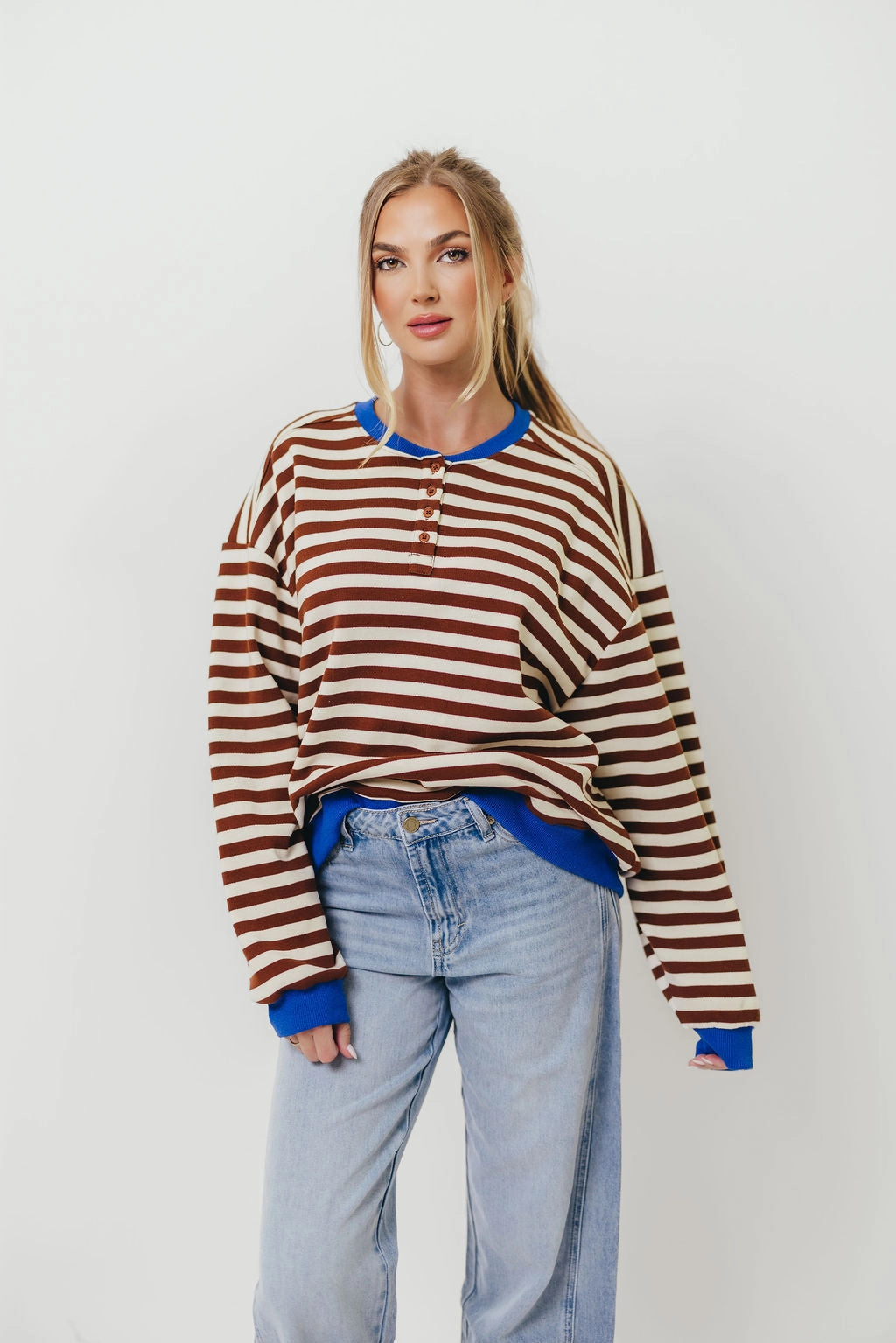 DualLayer Weave Pierce Striped Henley Pullover in Chocolate Royal