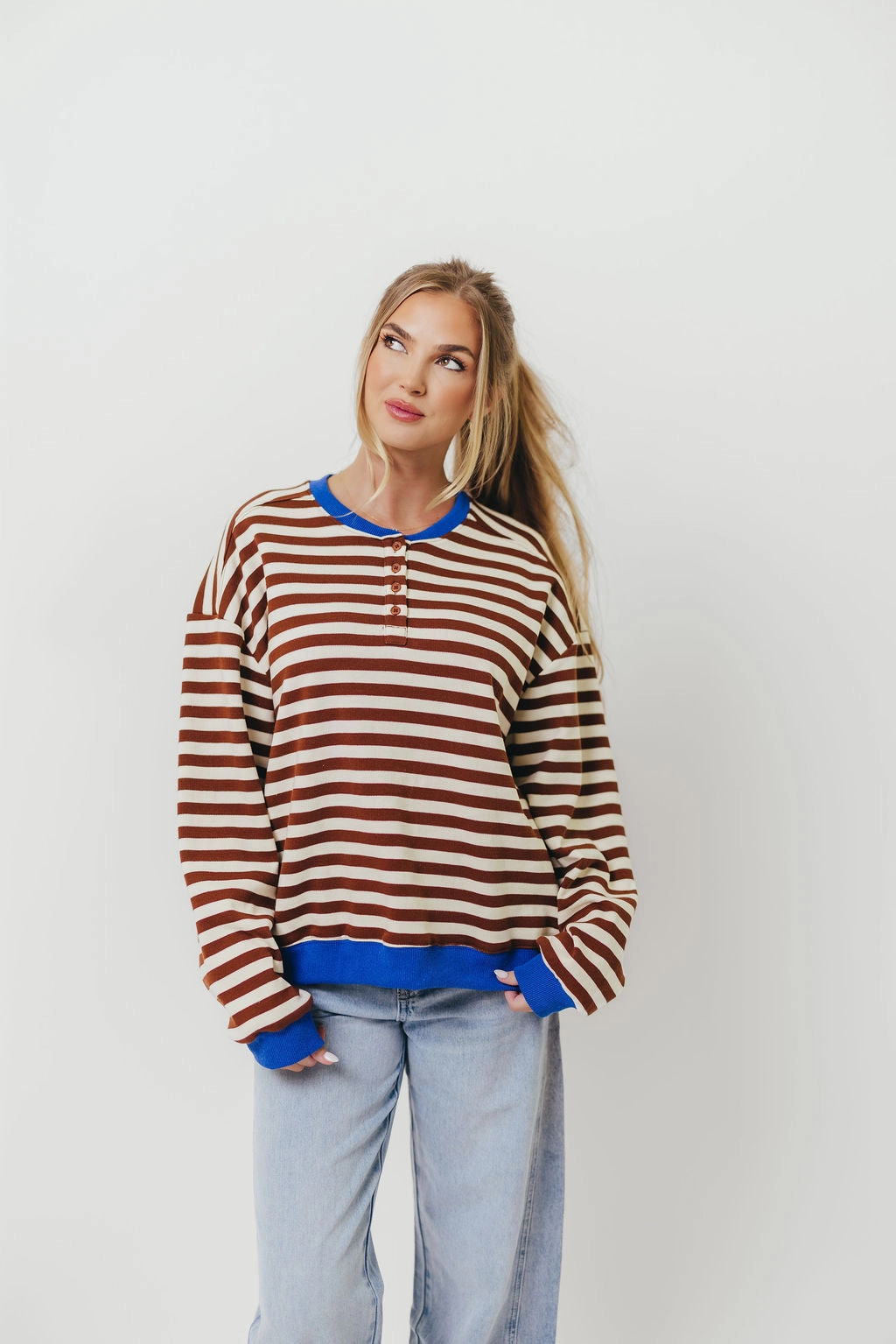 Elegant Cut Relaxed Crew Neck Opening Pierce Striped Henley Pullover in Chocolate Royal